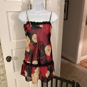 glam Size Small Sheer Strap Red Black and Beige Top With Lace Accents